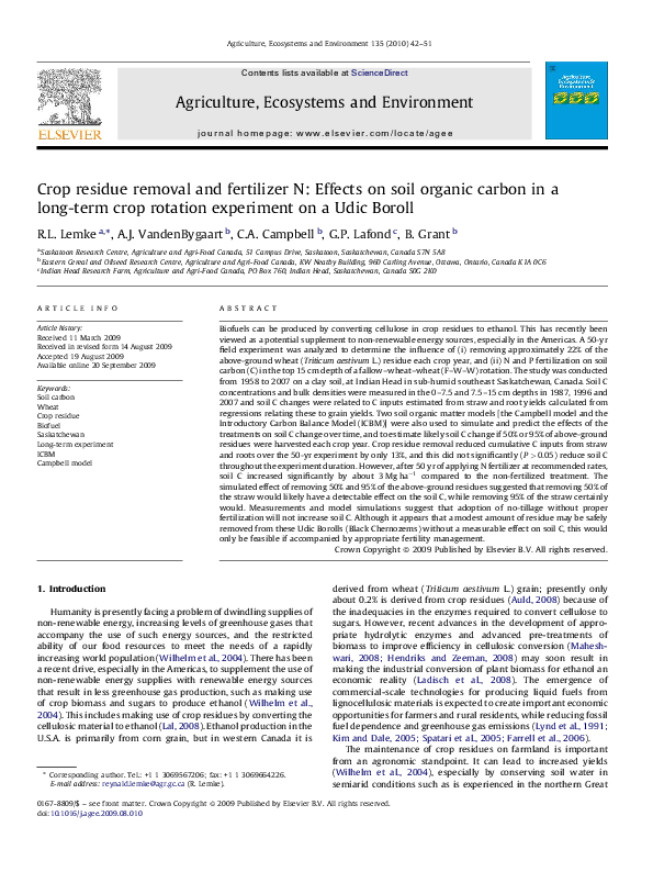 (PDF) Crop residue removal and fertilizer N: Effects on soil organic ...