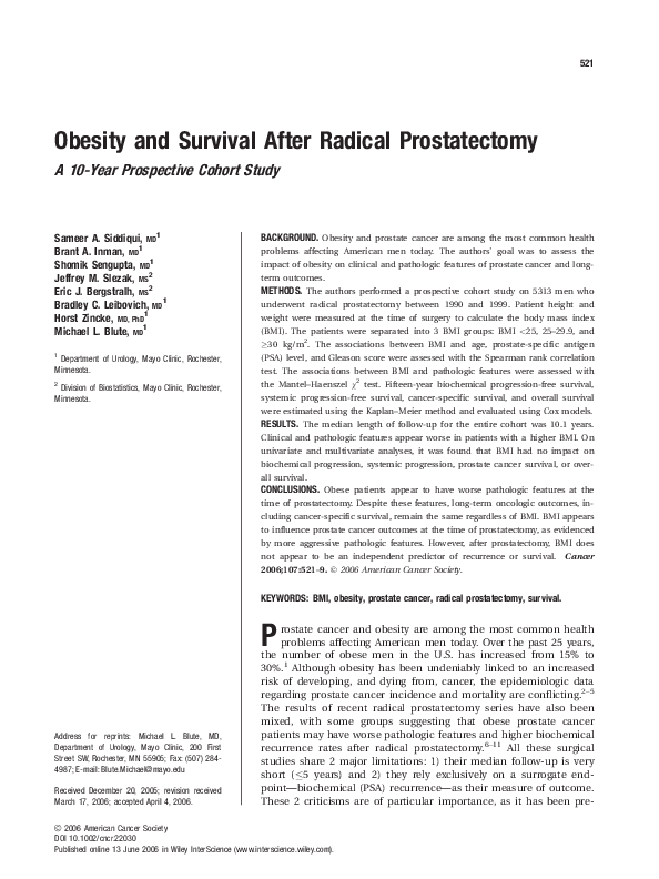 (PDF) Obesity and survival after radical prostatectomy A 10year