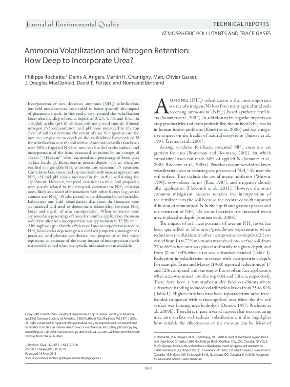 (PDF) Ammonia Volatilization and Nitrogen Retention: How Deep to ...