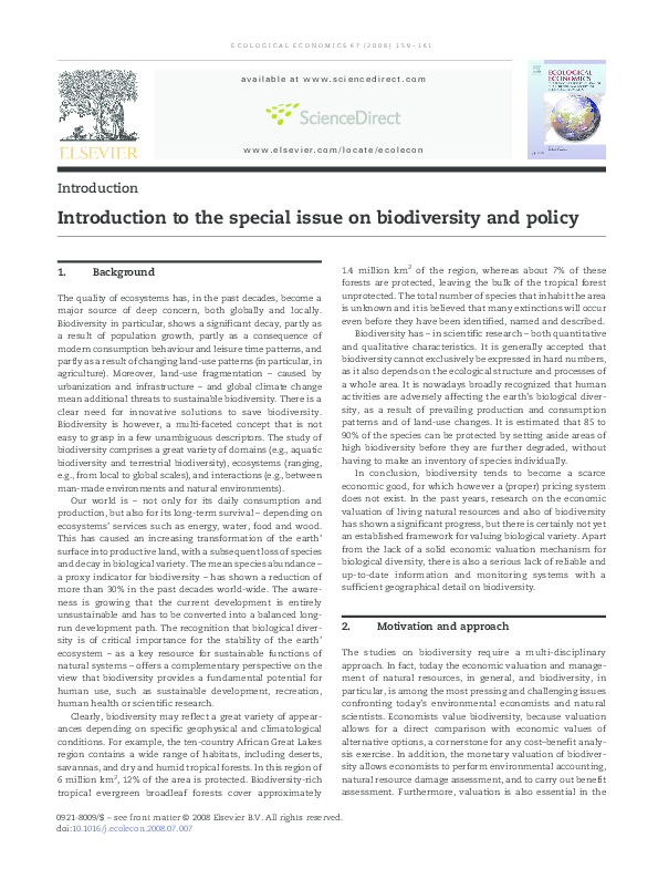 (PDF) Introduction to the special issue on biodiversity and policy