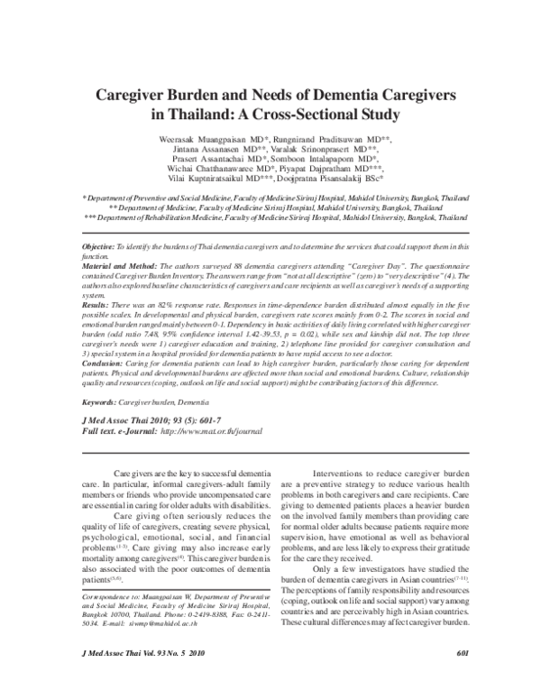 Pdf Caregiver Burden And Needs Of Dementia Caregivers In Thailand A Cross Sectional Study Piyapat Dajpratham Vilai Kuptniratsaikul And Prasert Assantachai Academia Edu