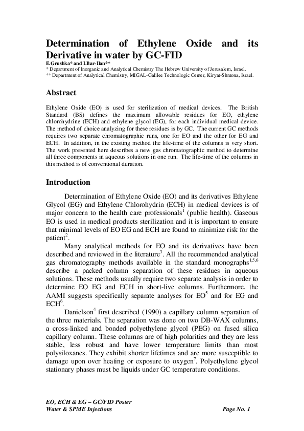 (PDF) Determination of Ethylene Oxide and its Derivative in water by GC-FID