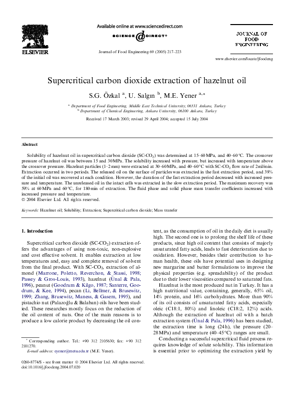 (PDF) Supercritical carbon dioxide extraction of hazelnut oil