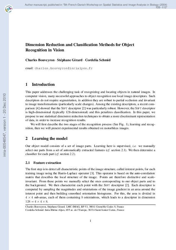 (PDF) Dimension reduction and classification methods for object
