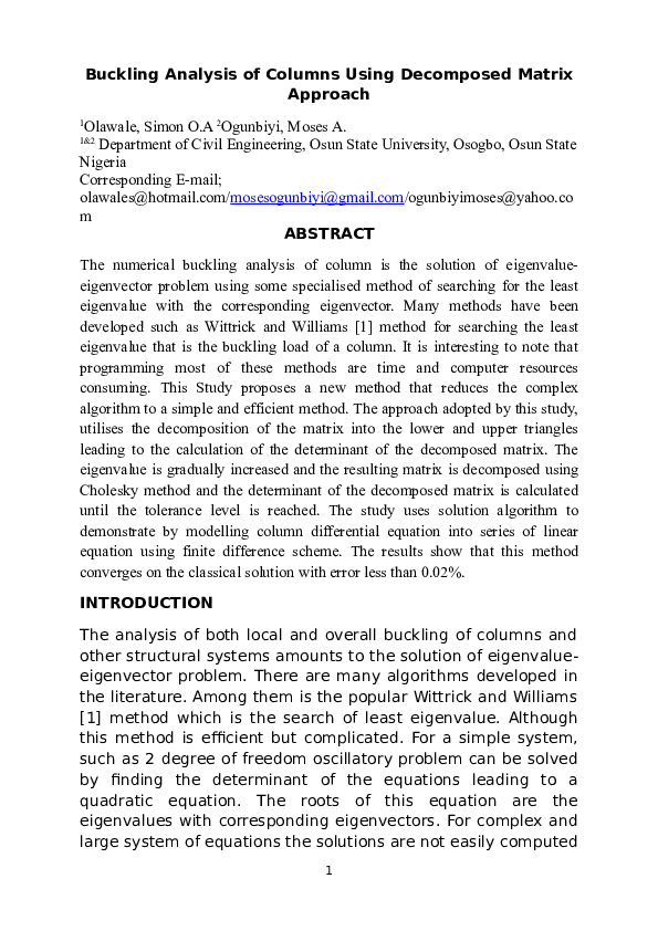 (DOC) Buckling Analysis Of Columns Using Decomposed Matrix Approach