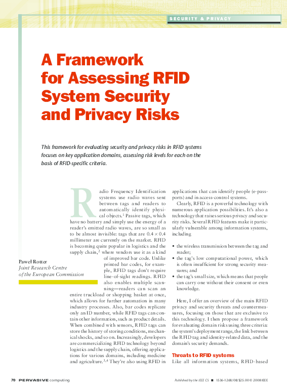 (PDF) A Framework for Assessing RFID System Security and Privacy Risks