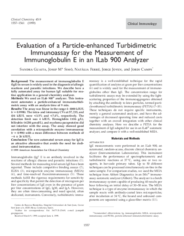(PDF) Evaluation of a particleenhanced turbidimetric immunoassay for