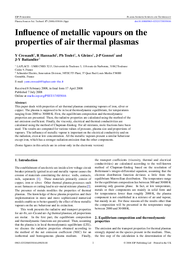 (PDF) Influence of metallic vapours on the properties of air thermal ...