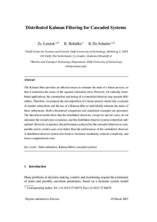(PDF) Distributed Kalman filtering for cascaded systems