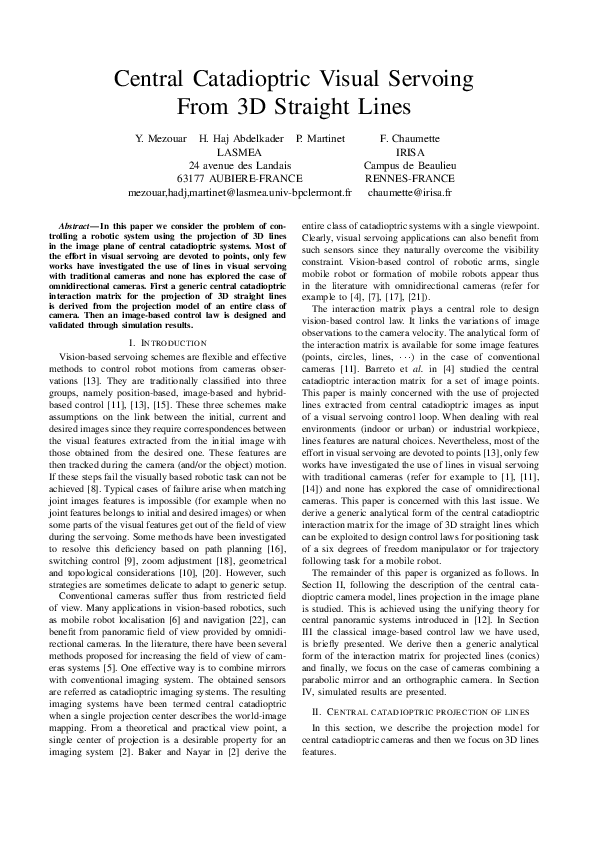 (PDF) Central catadioptric visual servoing from 3d straight lines