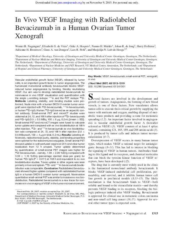 (PDF) In Vivo VEGF Imaging with Radiolabeled Bevacizumab in a Human Ovarian Tumor Xenograft
