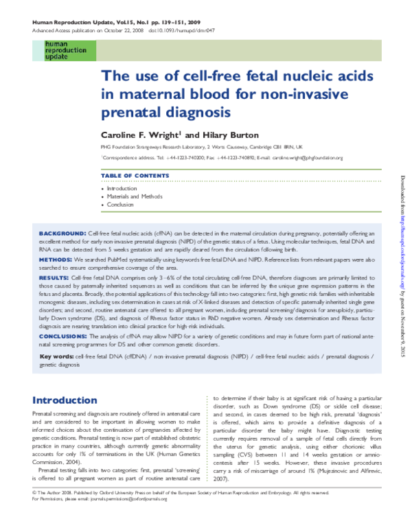 (PDF) The use of cellfree fetal nucleic acids in maternal blood for