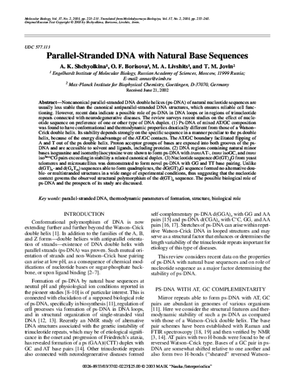 (PDF) [Parallel-stranded DNA with natural base sequences]
