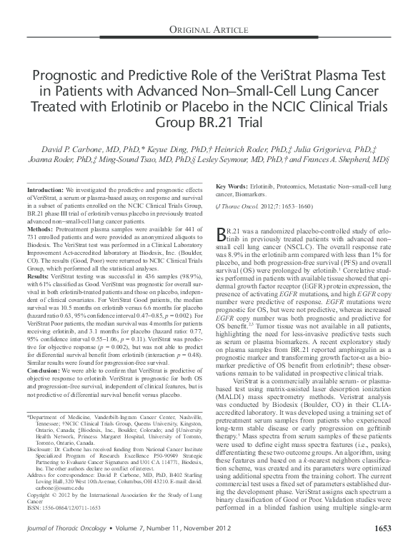 (PDF) Prognostic and Predictive Role of the VeriStrat Plasma Test in ...