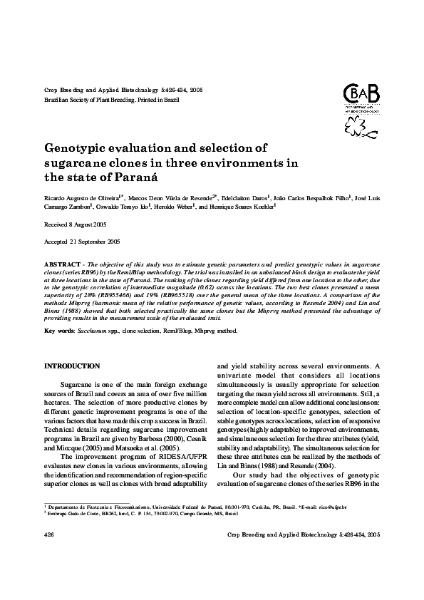 (PDF) Genotypic evaluation and selection of sugarcane clones in three ...