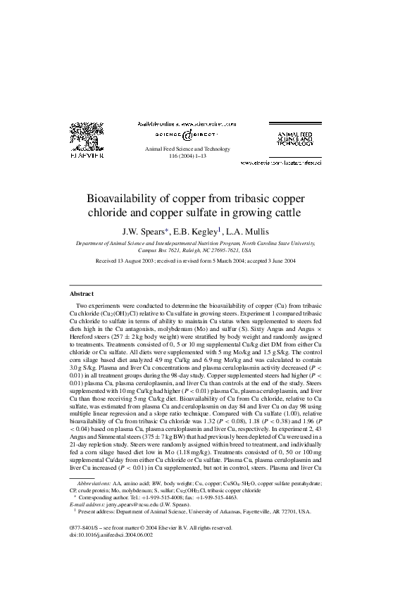 (PDF) Bioavailability of copper from tribasic copper chloride and