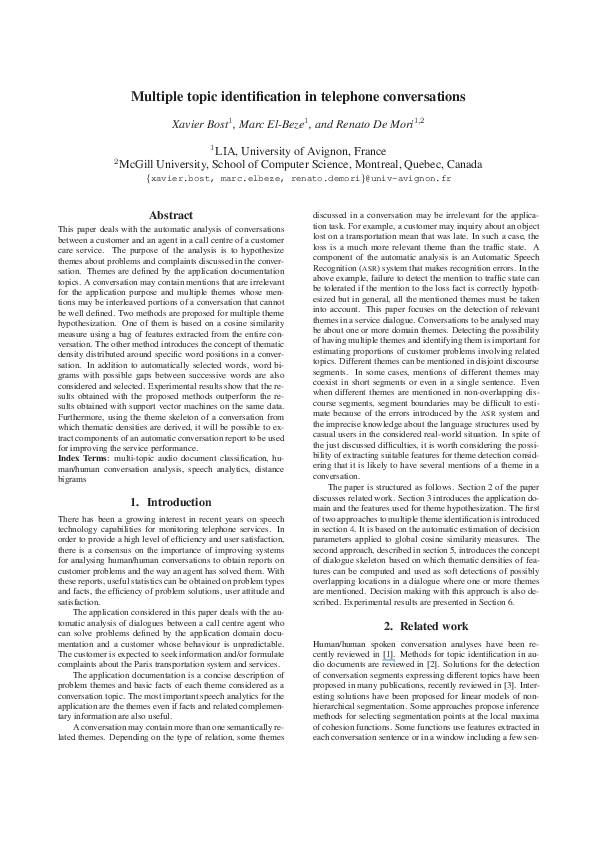(PDF) Multiple Topic Identification in Telephone Conversations