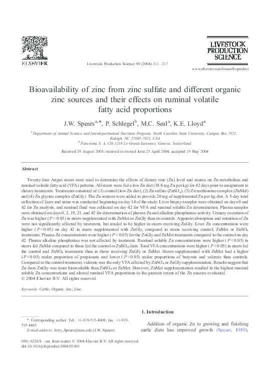 (PDF) Bioavailability of zinc from zinc sulfate and different organic ...