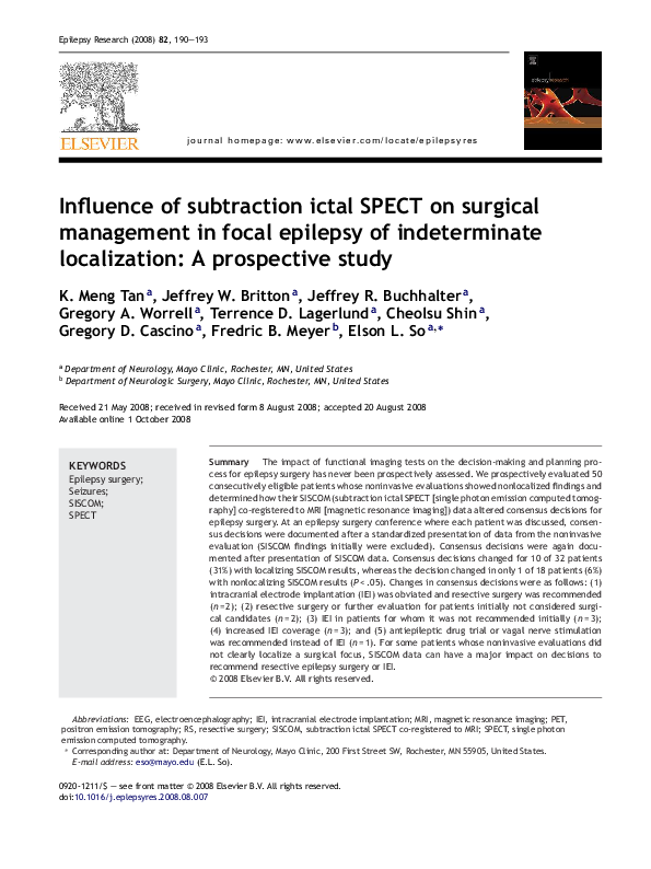 (PDF) Influence of subtraction ictal SPECT on surgical management in ...