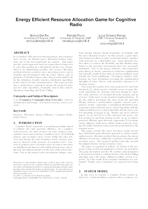 (PDF) Energy efficient resource allocation game for cognitive radio