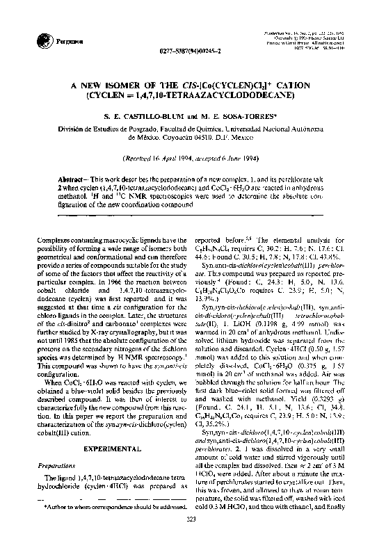 (PDF) A new isomer of the cis-[Co(cyclen)Cl2]+ cation (cyclen = 1,4,7 ...