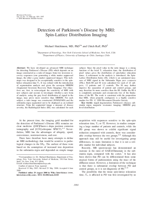 (PDF) Detection of Parkinson's disease by MRI Spinlattice distribution imaging Ulrich Raff