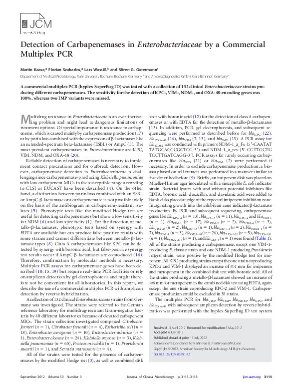 (PDF) Detection of Carbapenemases in Enterobacteriaceae by a Commercial ...