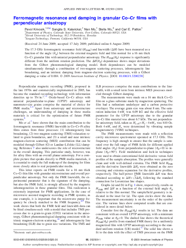 (PDF) Ferromagnetic resonance and damping in granular Co–Cr films with ...