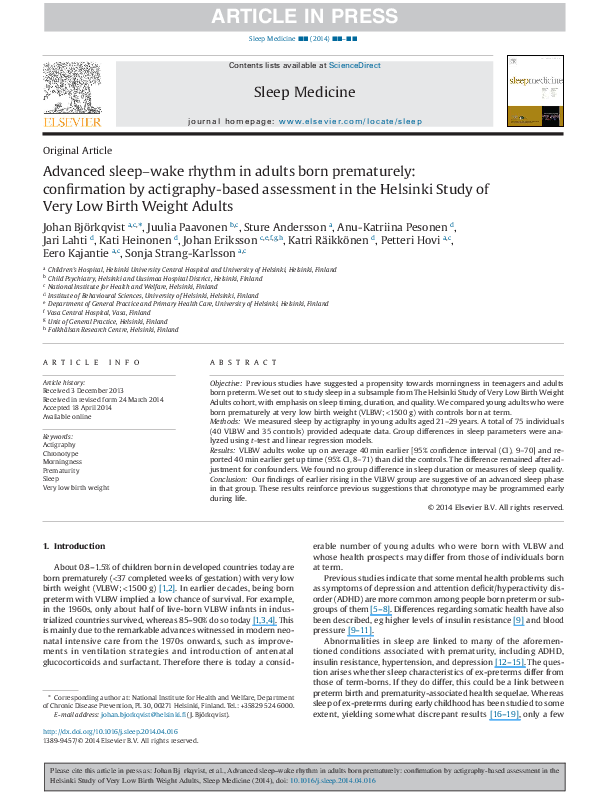 (PDF) Advanced sleep-wake rhythm in adults born prematurely ...