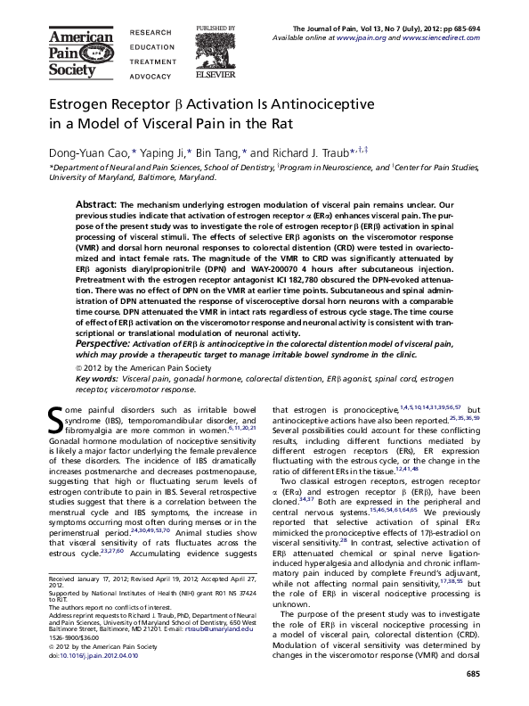 (PDF) Estrogen Receptor β Activation Is Antinociceptive in a Model of ...