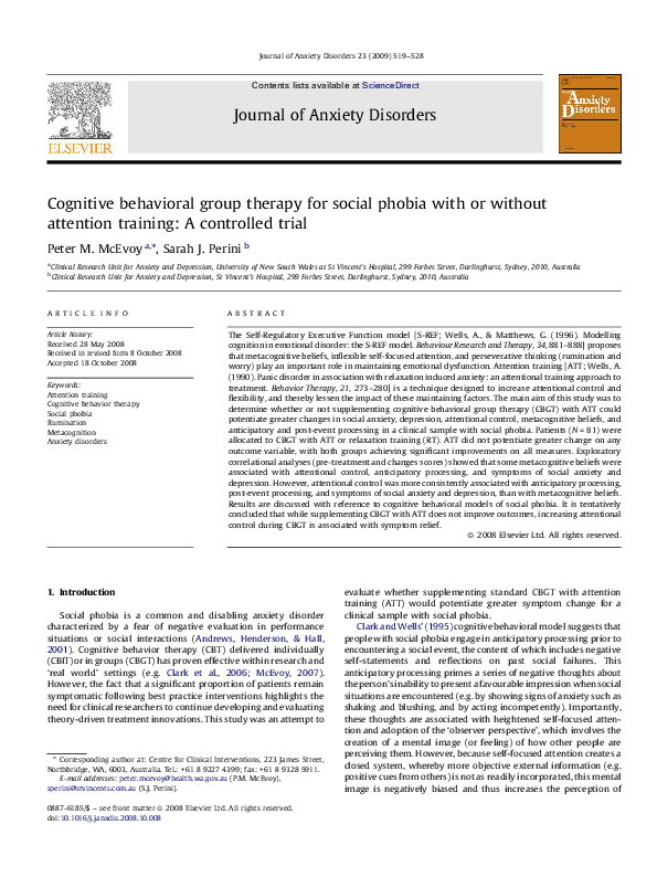 (PDF) Cognitive behavioral group therapy for social phobia with or ...