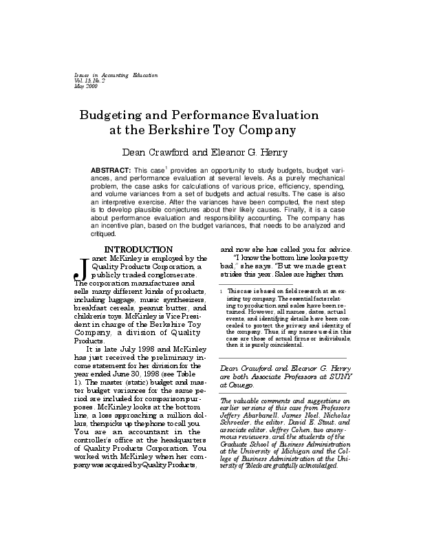 Budgeting and performance evaluation at the berkshire toy company chegg image