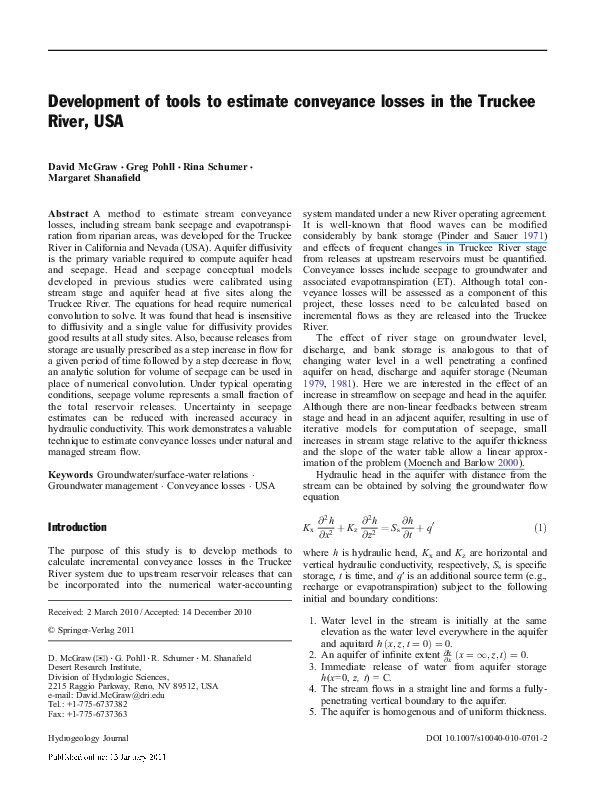 (PDF) Development of tools to estimate conveyance losses in the Truckee ...
