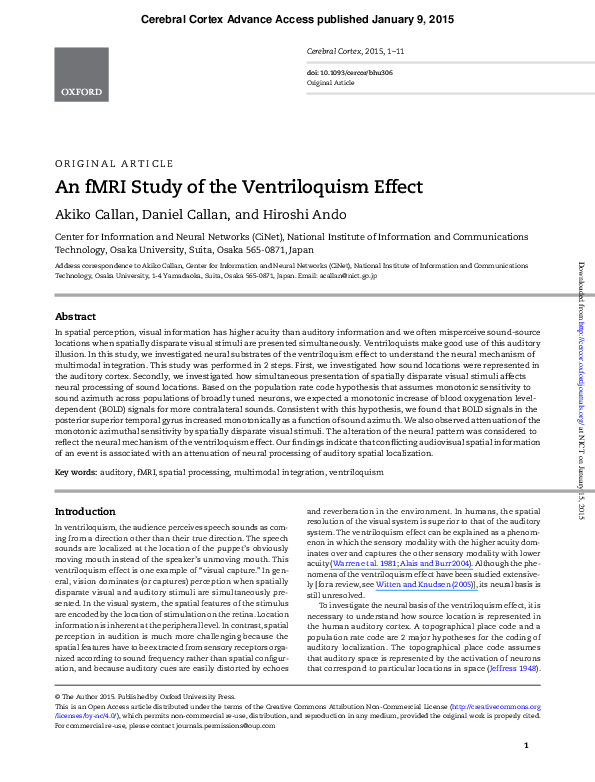 (PDF) An fMRI Study of the Ventriloquism Effect Daniel Callan