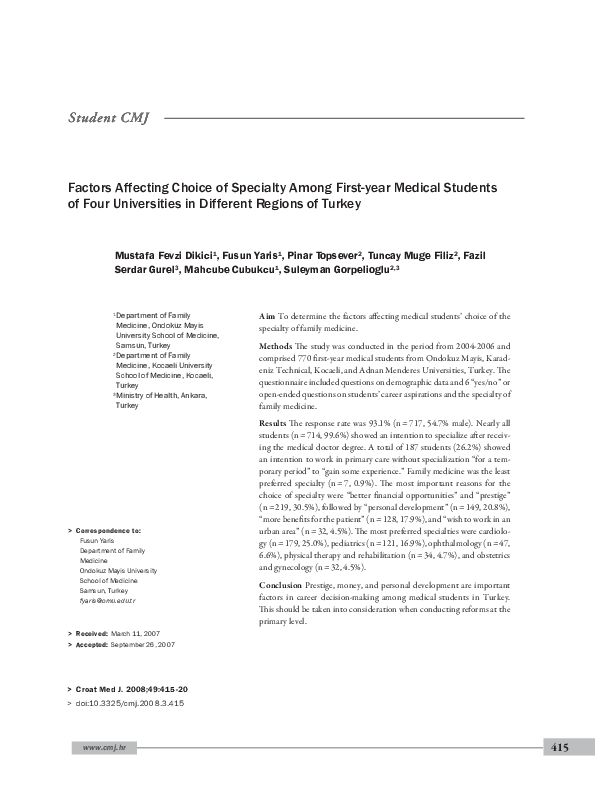 (PDF) Factors affecting choice of specialty among first-year medical ...