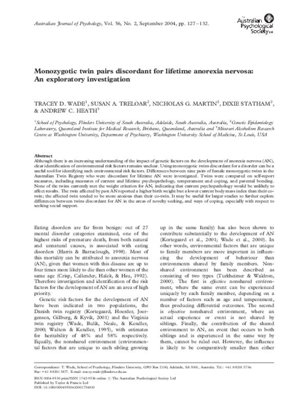 (PDF) Monozygotic twin pairs discordant for lifetime anorexia nervosa ...
