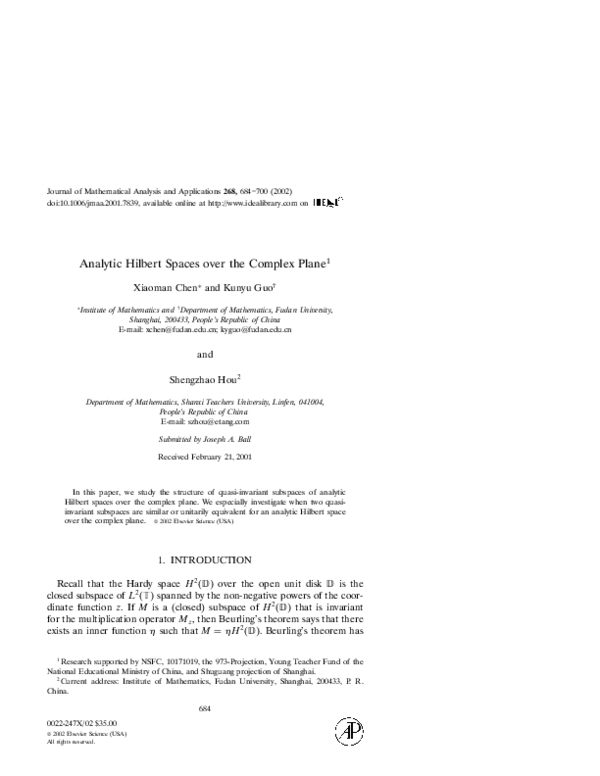 (PDF) Analytic Hilbert Spaces over the Complex Plane