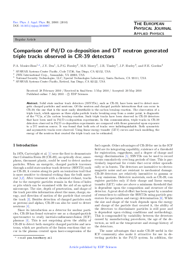 (PDF) Comparison of Pd/D co-deposition and DT neutron generated triple ...