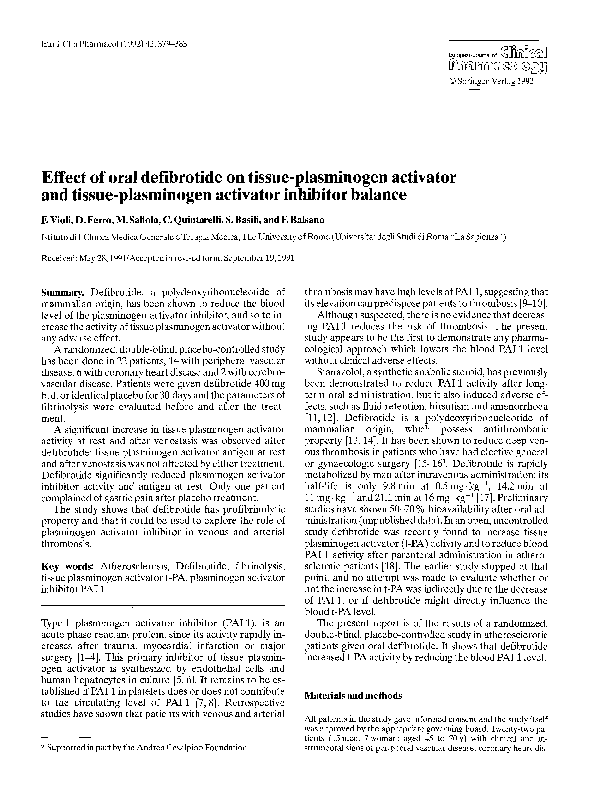 (PDF) Effect of oral defibrotide on tissue-plasminogen activator and ...