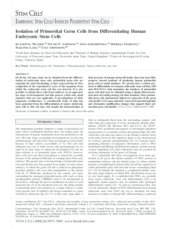 (PDF) Isolation of Primordial Germ Cells from Differentiating Human ...