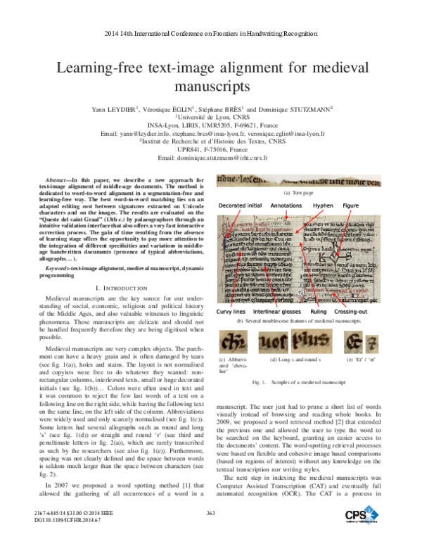 (PDF) Learning-Free Text-Image Alignment for Medieval Manuscripts