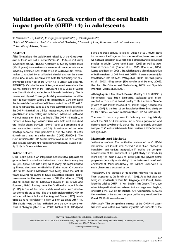 (PDF) Validation of a Greek version of the oral health impact profile