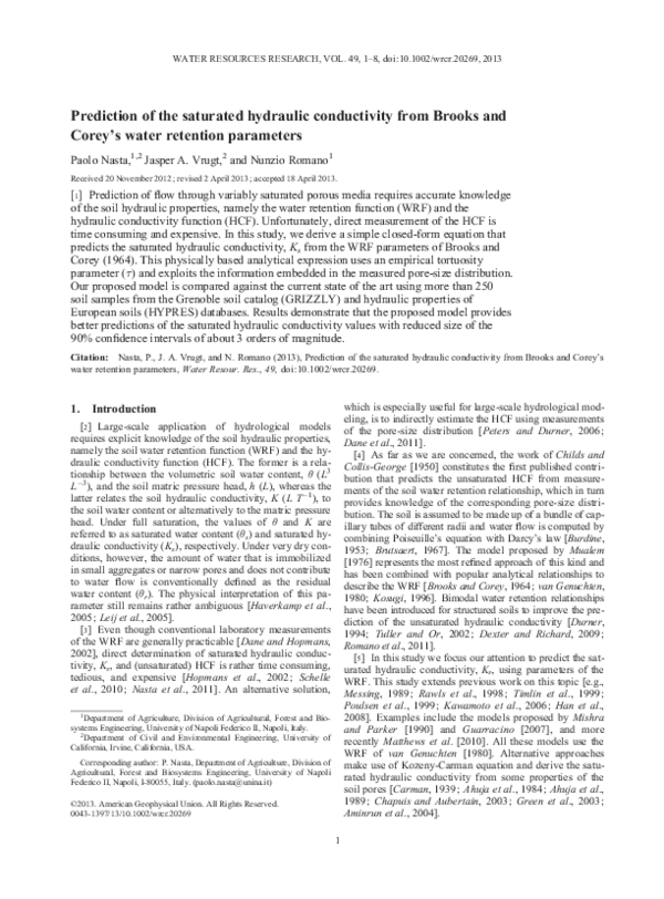 (PDF) Prediction of the saturated hydraulic conductivity from Brooks ...