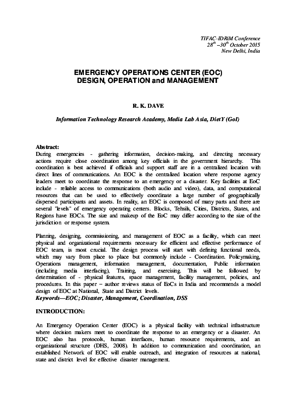 (PDF) EMERGENCY OPERATIONS CENTER (EOC) DESIGN, OPERATION and