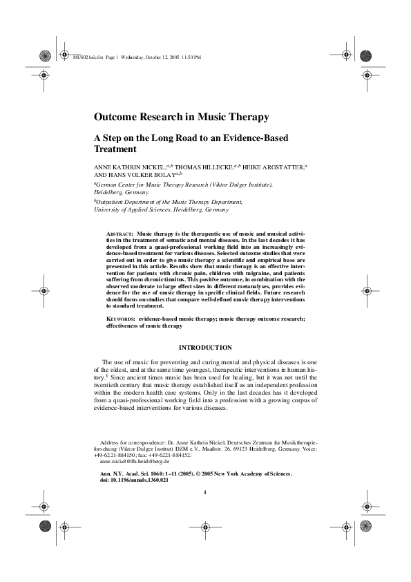(PDF) Research in Music Therapy A Step on the Long Road to an EvidenceBased Treatment