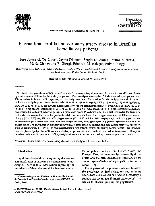 (PDF) Plasma lipid profile and coronary artery disease in Brazilian ...