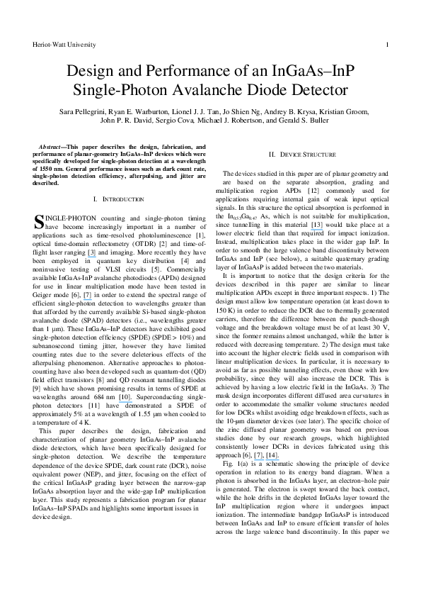 (PDF) Design and Performance of an InGaAs–InP Single-Photon Avalanche ...