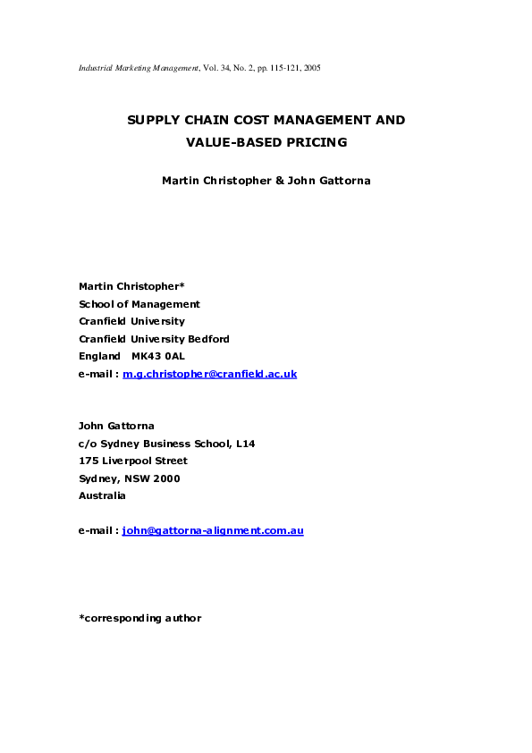 (PDF) Supply chain cost management and value-based pricing