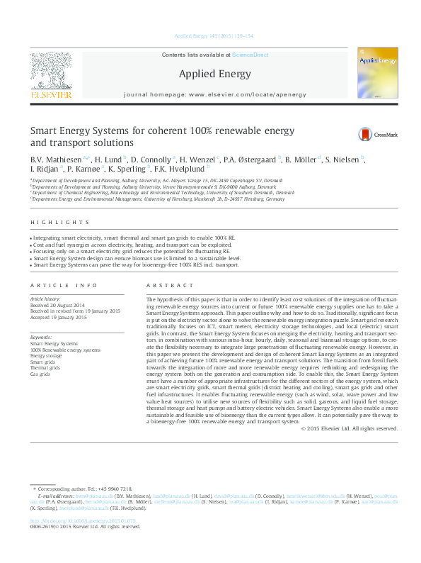 (PDF) Smart Energy Systems for coherent 100% renewable energy and ...