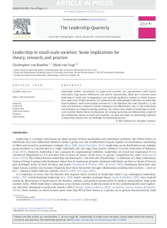  pdf leadership in small scale societies some implications for theory